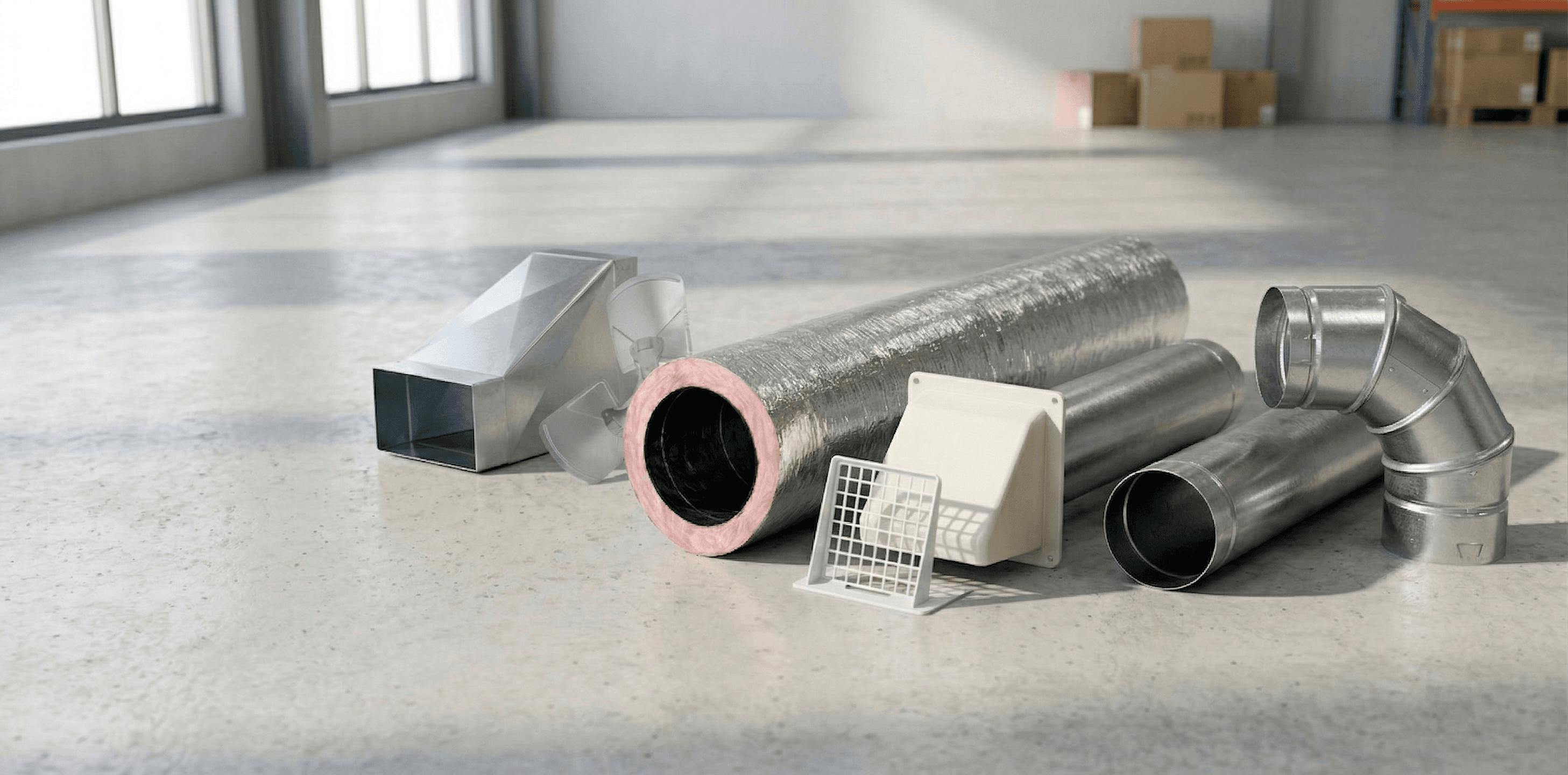 Metal ductwork and fittings arranged on a warehouse floor